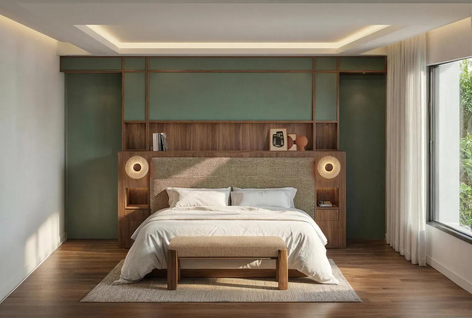 Chambre avec tête de lit sur mesure en bois et panneaux verts