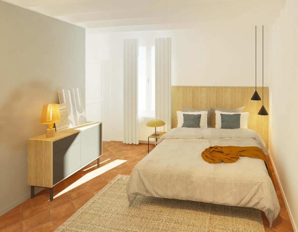 Chambre avec tête de lit personnalisée et tomettes au sol dans une ambiance cosy et chic. Architecture d'intérieur Angers