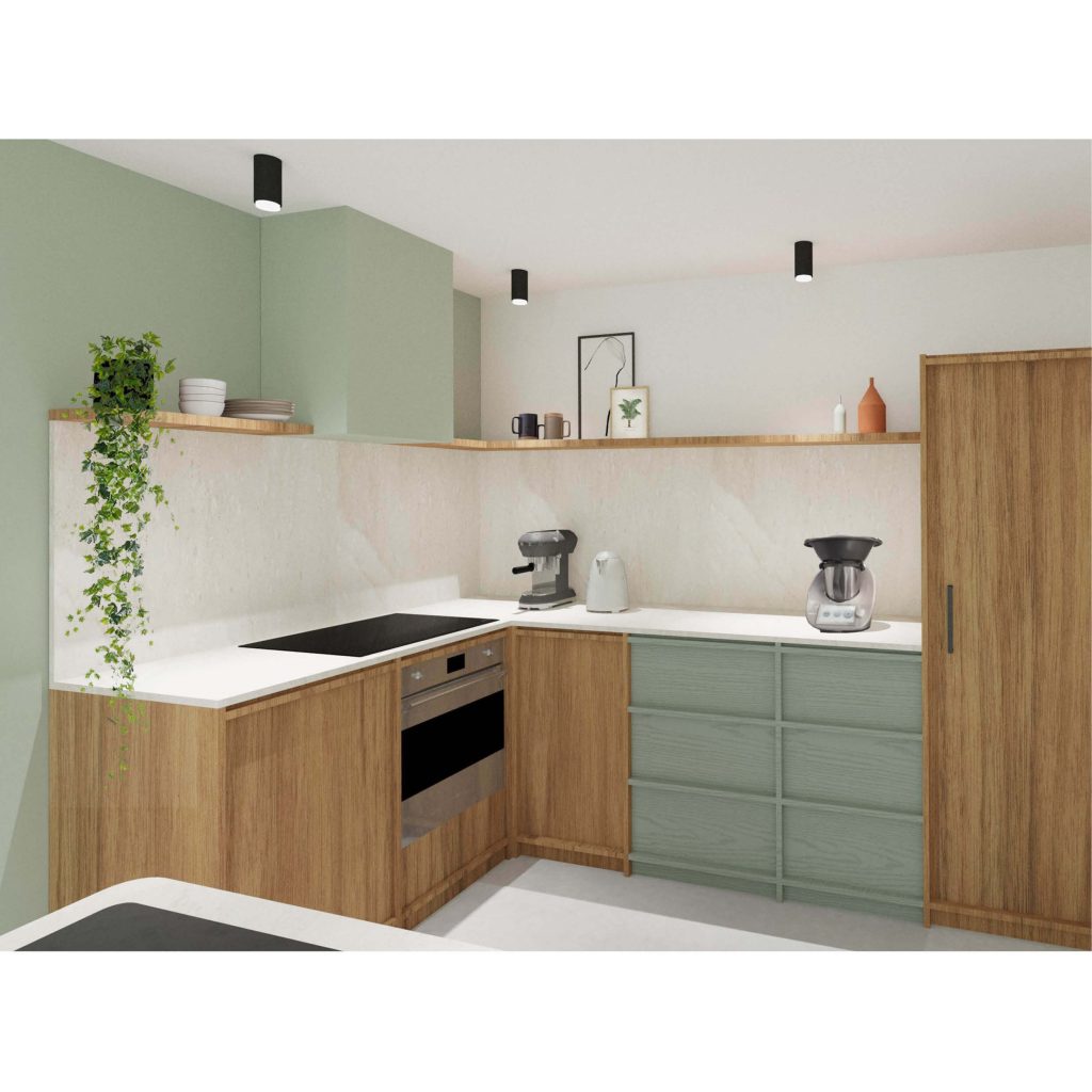 Cuisine moderne avec îlot central et table de repas, design rétro et touches contemporaines. Architecture d'intérieur Angers